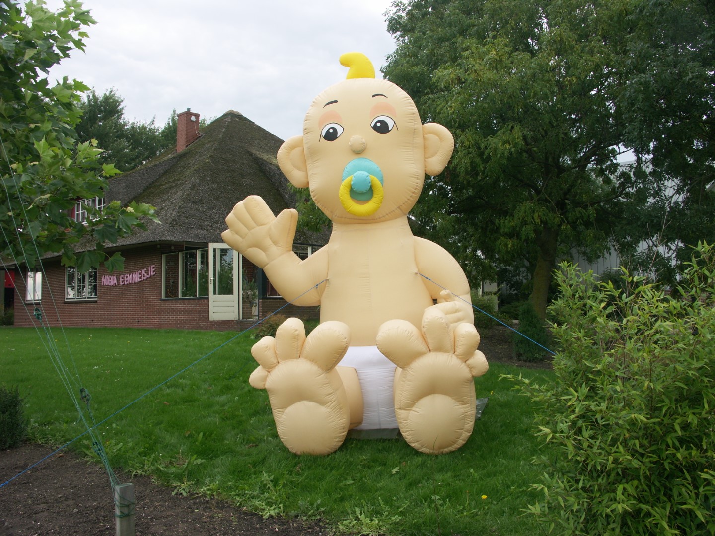 De Zwaaiende Baby is 3,2 meter hoog, wordt geleverd met een ‘hoera een jongen’ of ‘hoera een meisje’ slabbetje.