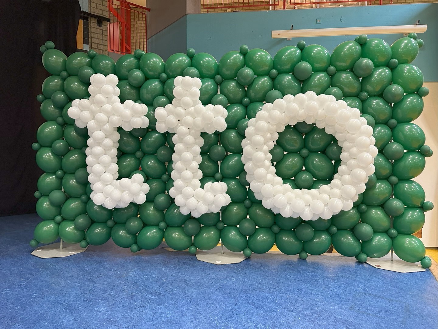 Thema Ballonnenmuur. Luchtgevulde ballonnenmuur met letters, cijfers of vormen naar wens. Op een verzwaard frame geplaatst.